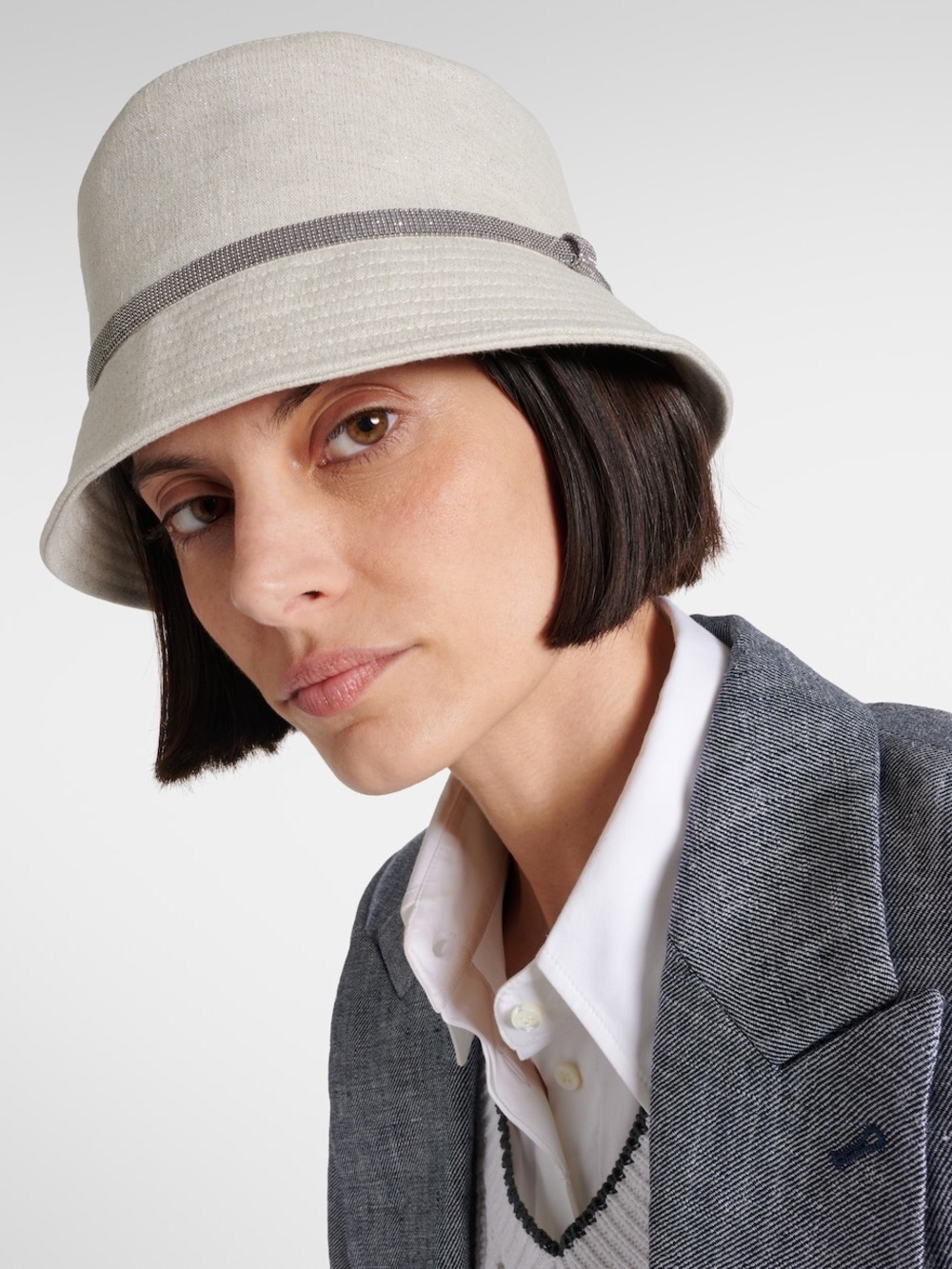 Brunello Cucinelli Cream Bucket Hat with Gray Contrast Band